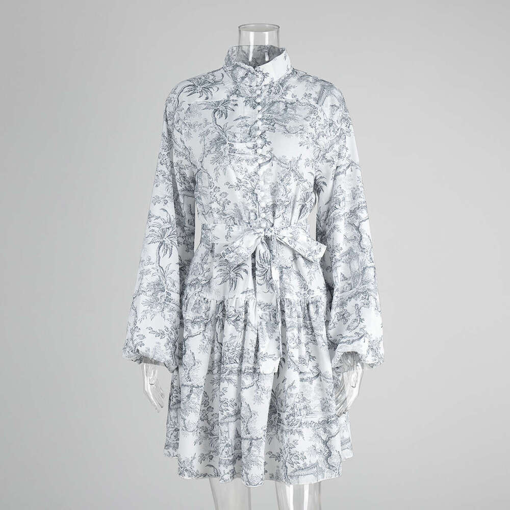 Ink Wash Print Long Short Skirt Spring New Stand Collar Lantern Sleeve Tie Dress B5