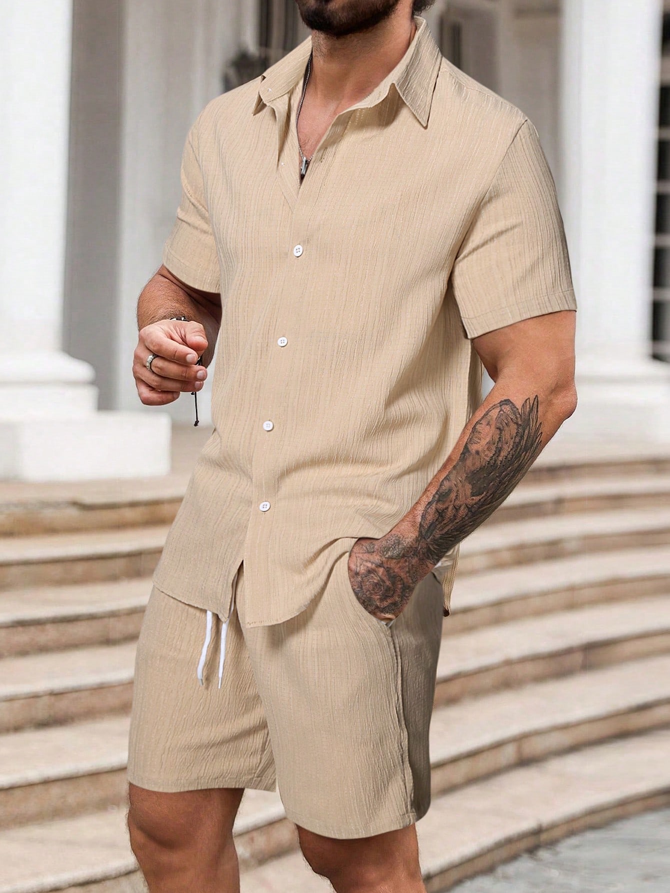 Mens Summer Casual Loose Two Piece Sets Beach Solid Cotton Linen Man Suit Short Sleeve Button Shirt And Shorts Office Outfits