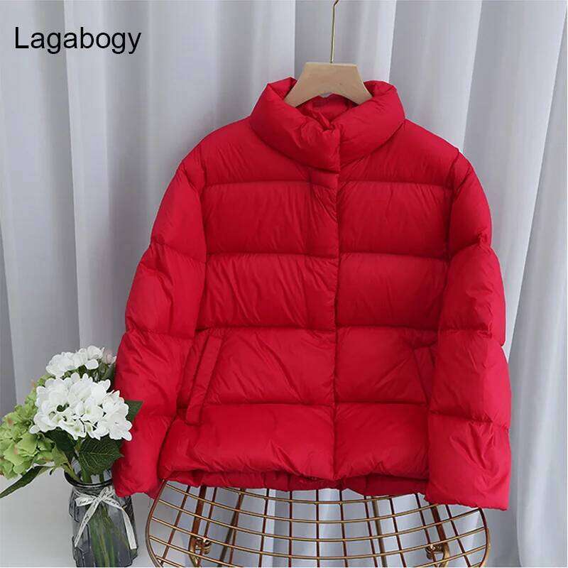 Lagabogy 2025 New Autumn Winter Ultra Light 90% White Duck Down Coat Slim Short Puffer Jacket Female Zipper Casual Tops Parkas