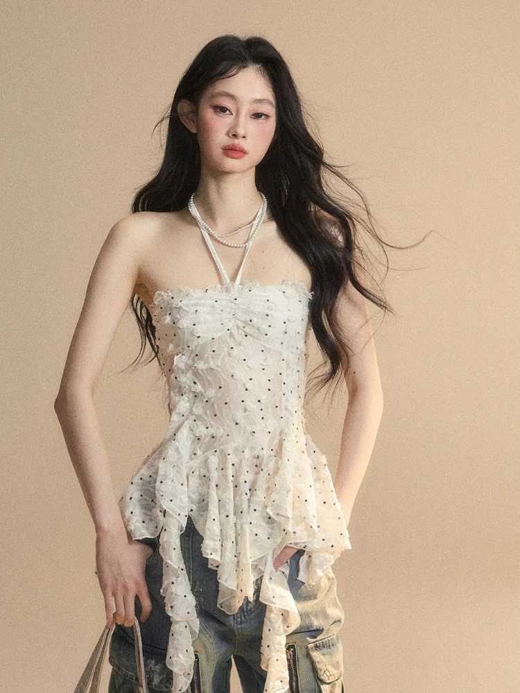 Streetwear Wave Point Women Halter Camisole Vintage Irregular Ruffled Tanks Summer Grunge Sexy Y2k Aesthetic Fairy Vest Tops R250716