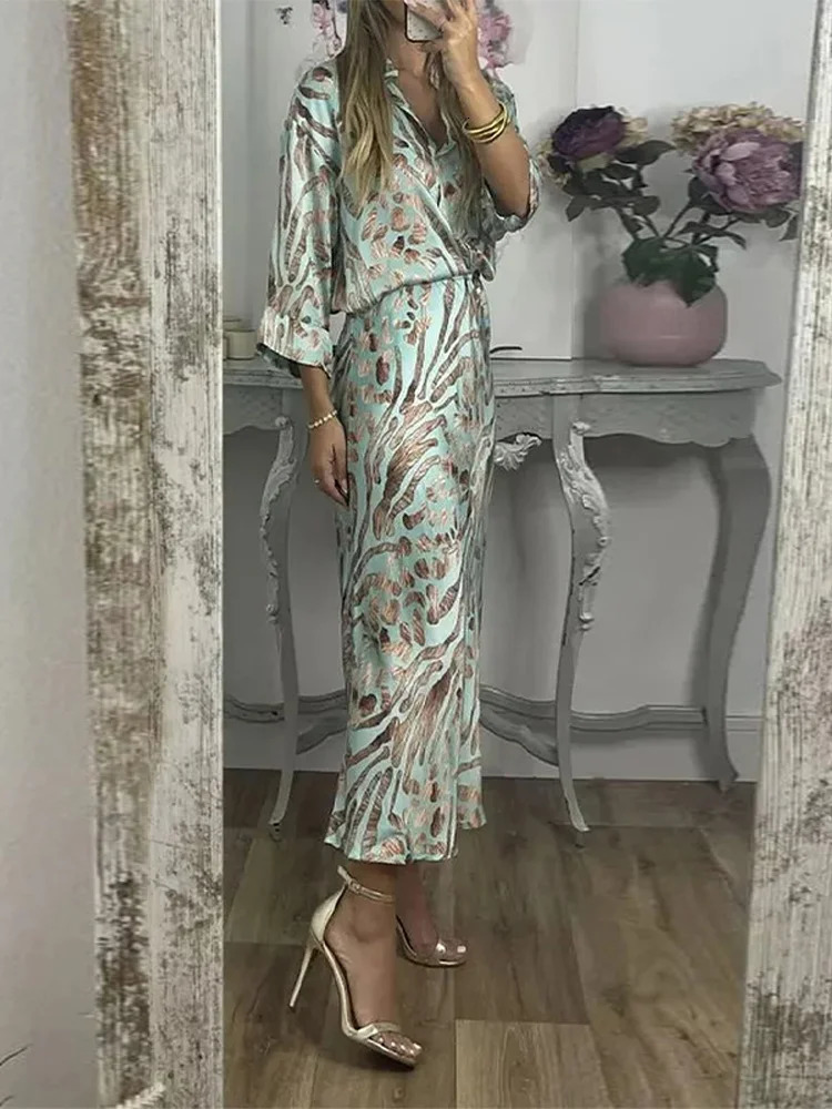 Party Dresses Printed Womens Skirt Set V-neck Three Quarter Sleeve Shirts High Waist Skirts Female 2 Pieces Evening Outfits 250715