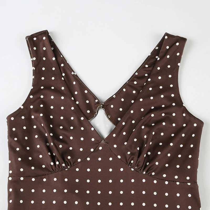 Suhcute Brown V-neck Polka Dot Mini Dress for Women Elegant Backless Party Sundress Sexy High Street Sleeveless Vacation Outfit R250716