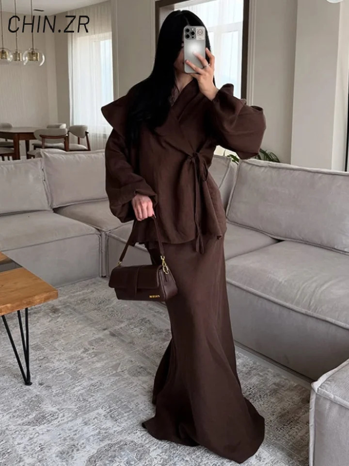 Casual Lace Up Shirt Skirt Set Women Loose V-neck Lantern Sleeve Blouses Long A-line Skirts 2025 Summer Lady Holiday Outfits 250715