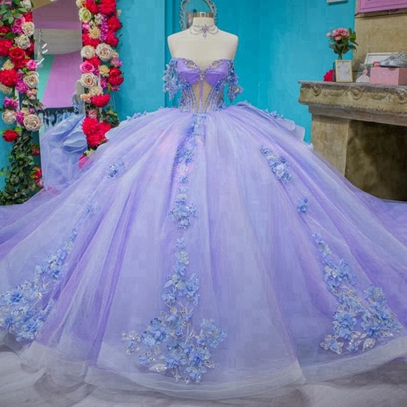 Lavender Quinceanera Dresses Ball Gown Off Shoulder Appliques Flower Beads Tull Sweet 16 Dress Vestidos De 15 Anos