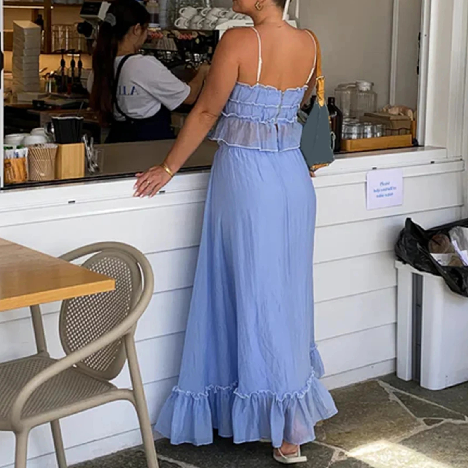Women Y2k 2 Piece Outfits Patchwork Front Tie-Up Camisoles and Ruched Ruffle Maxi Skirt Matching Set Beachwear 250715