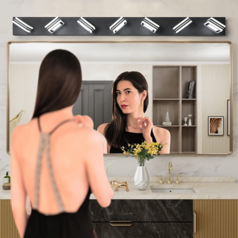 45 Inch Modern Black 7 Light LED Vanity Light Square Acrylic Lampshades Wall Mount Fixture Bathroom Mirror Lighting Dimmable 3000K Waterproof