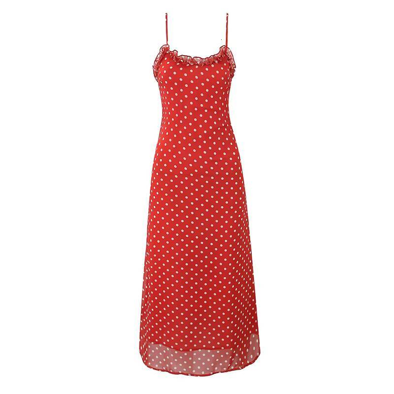 YENKYE New 2025 Women Polka Dot Red Sexy Long Dreses Ruffle O Neck A-line Midi Summer Party Dressess Holiday Robe dongdumaoyi