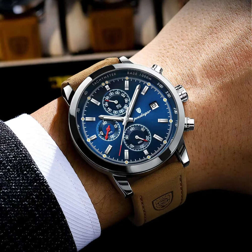 DHgargets Men's Sports Chronograph Watch - 50M Waterproof Leather Strap Quartz Wristwatch with Date & Tachymeter (Model 932)