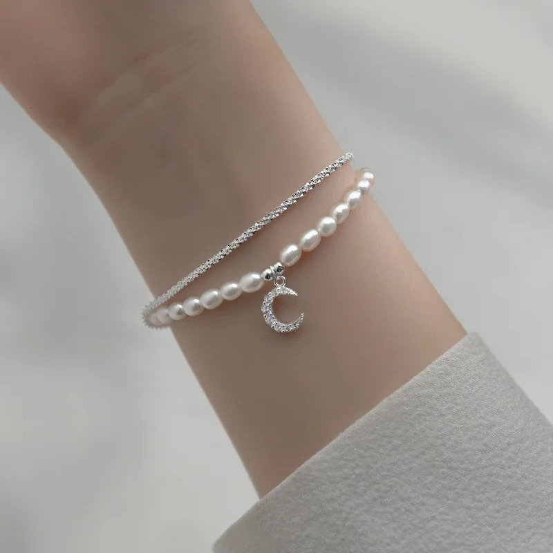 TrustDavis 925 Sterling Silver Double Layer Freshwater Pearl Moon Chain Bracelet for Women Valentines Day Jewelry DA2493 250712