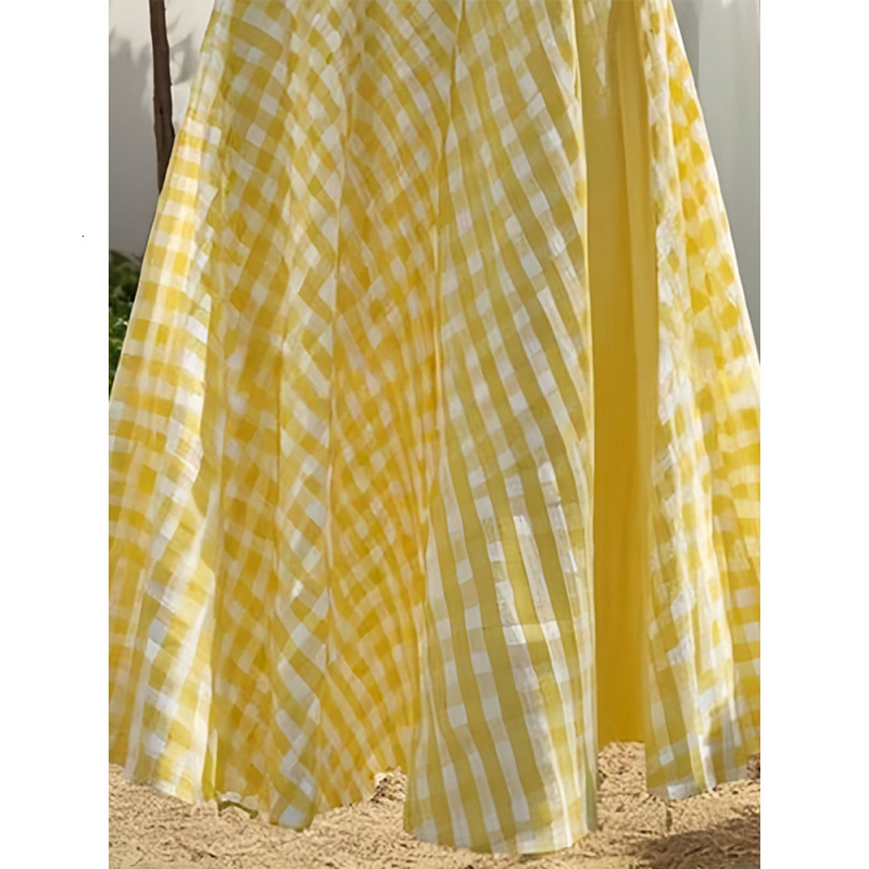 2025 Dopamine Yellow Waist-Cinching Plaid Design Long Skirt for Women New Fashion Trendy Summer Style