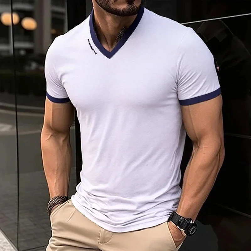 Mens Casual and Fashionable Solid Color V-neck Short Sleeved T-shirt with Letter Print Summer Versatile and Comfortable Top 250715