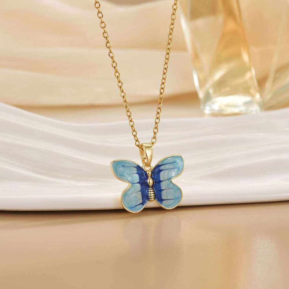 Fresh Colorful Butterfly Necklace Korean Style Simple Titanium Steel Collarbone Chain Summer Women's Fashion Accessories 2A7