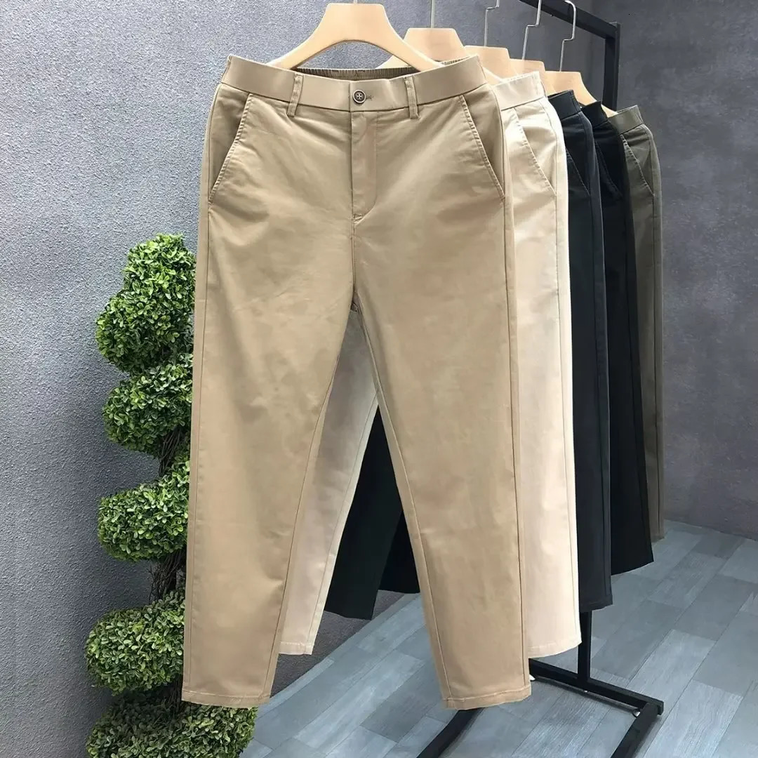 Mens Casual Trousers Summer Trendy Thin Cotton Small Straight-leg Pants Business Cropped Pants Style 250715