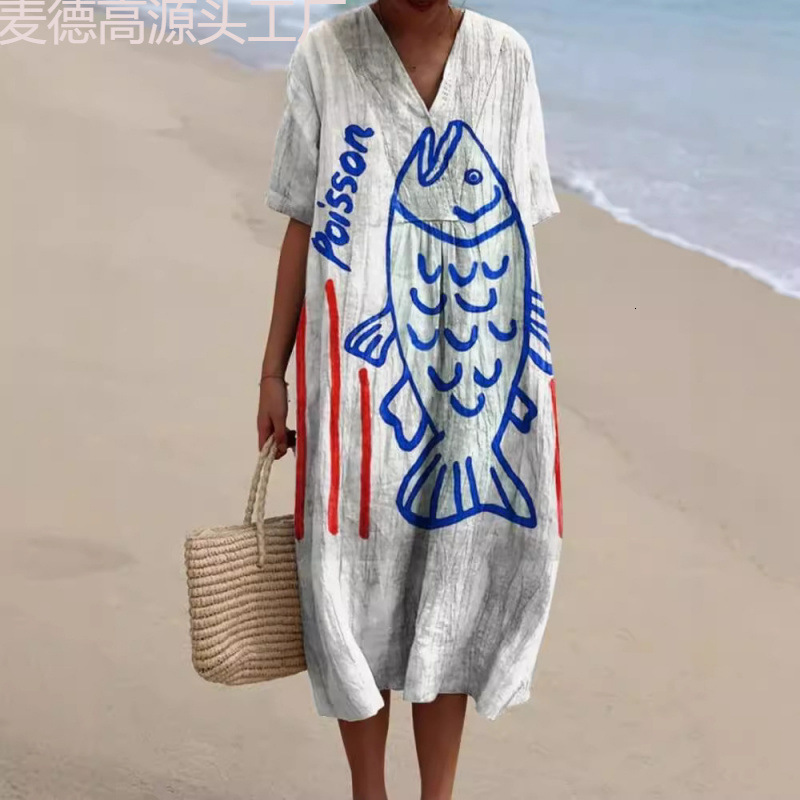 2025 New Plus Size Women's Shirt Pocket Short Sleeve Dress Creative Fish Pattern Vacation Style