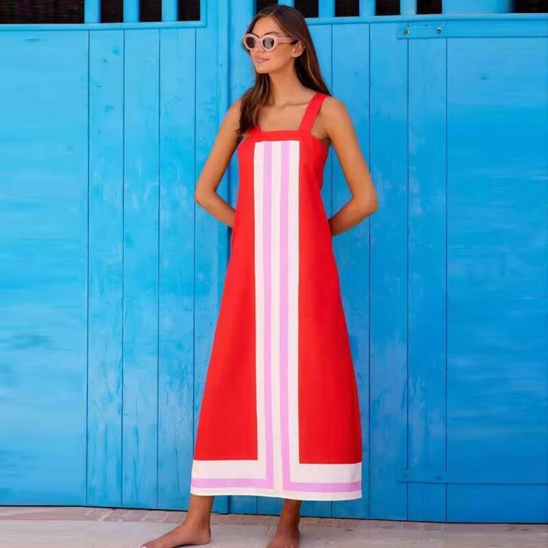 Summer Square Collar Sling Chic Match Patchwork Striped Mini Dresses 2025 Fashion Contrast Color Backless Beach Dress Women New dongdumaoyi