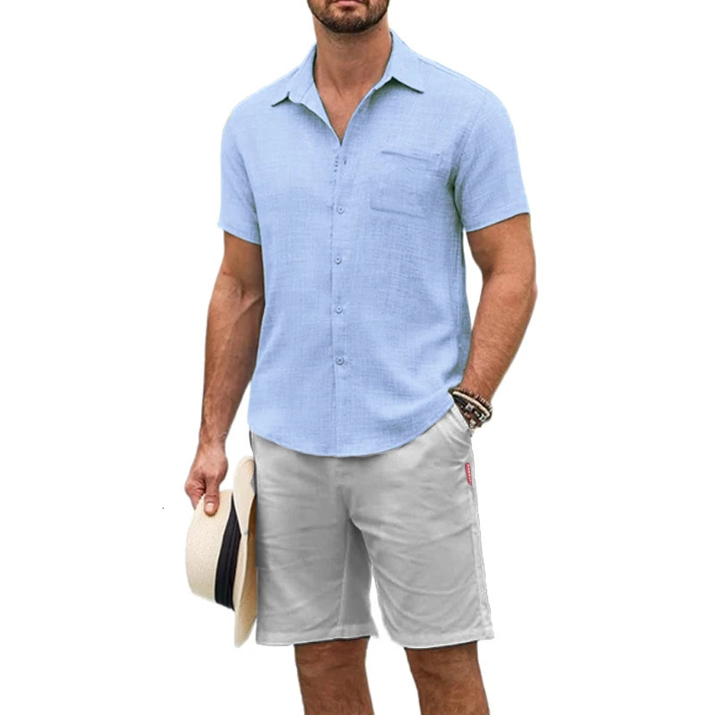 Summe Mens Short Sleeve T Shirts Cotton and pants Beach 2 Pieces Sets Button Down Shirts Suit Casual Tracksuit Vacation Clothes 250715