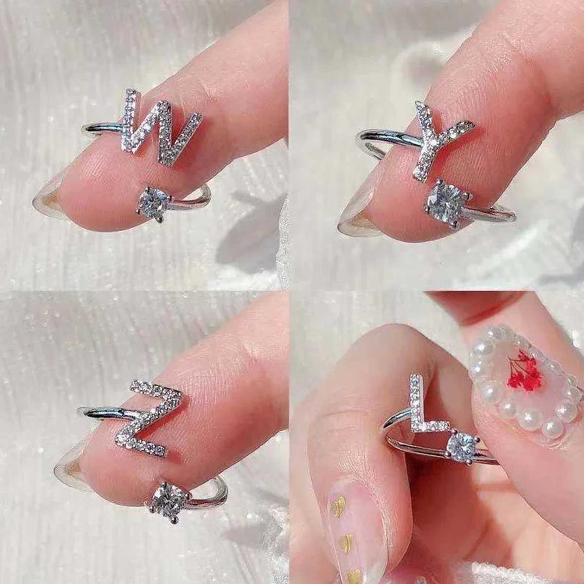Sanrio Adjustable Initial Rings Stainless Steel Simple Zircon Letter Rings for Women Wedding Band Couples Jewelry Accessories Gifts w250716