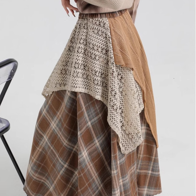 2025 Forest Style Retro Plaid Half Skirt for Women New Autumn Winter Design Irregular Patchwork High Waist A-line Long