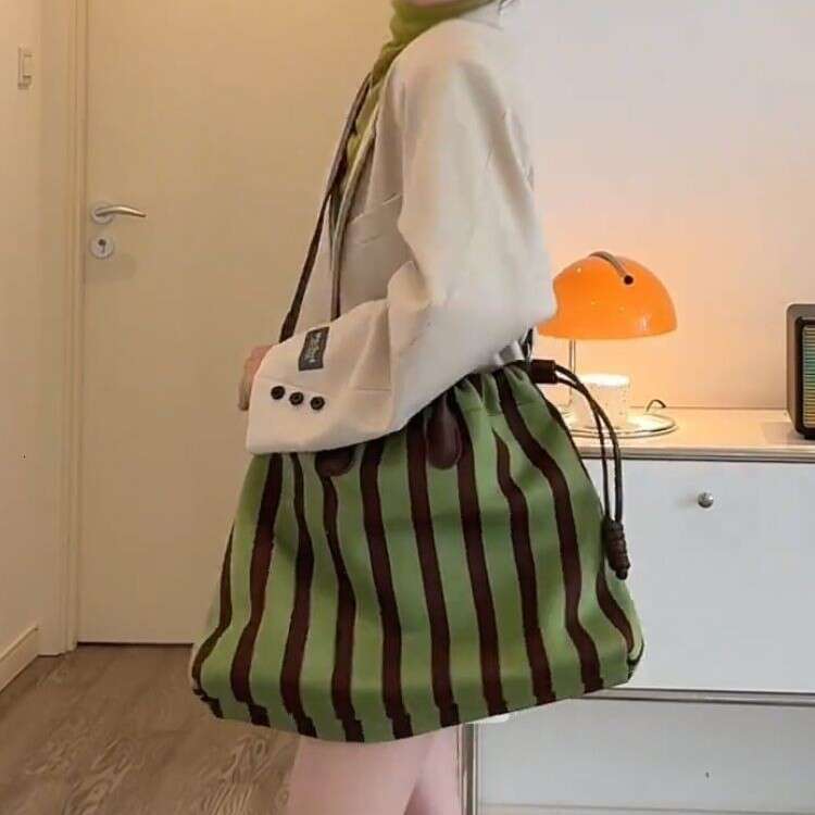 Pink Heart Lady Large Capacity Green Striped Tote Bag Women's Summer High-end Shoulder Crossbody Handbag Commuting