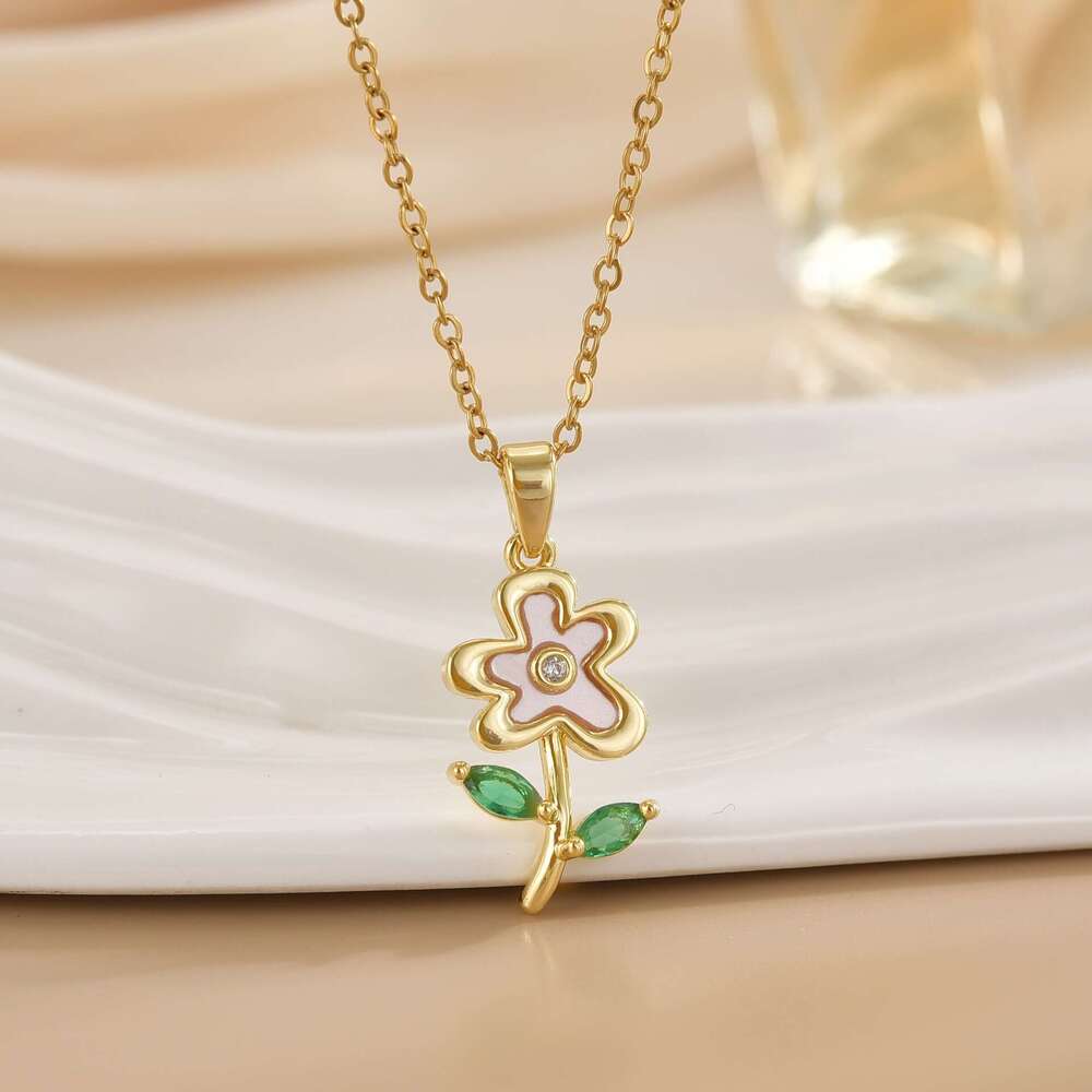 Fashion Green Leaf Shell Flower Light Elegant Full Dia Necklace For Women Versatile Collarbone Titanium Steel Chain Eae