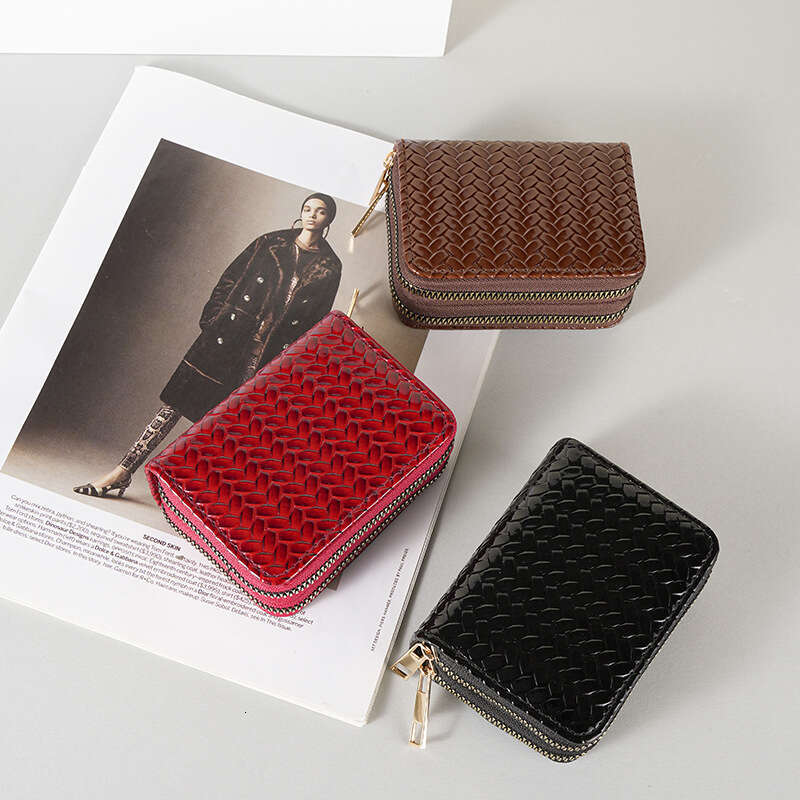 Patent Leather Wallet for Women Short Double Zipper Coin Purse with Woven Design and Accordion Card Holder