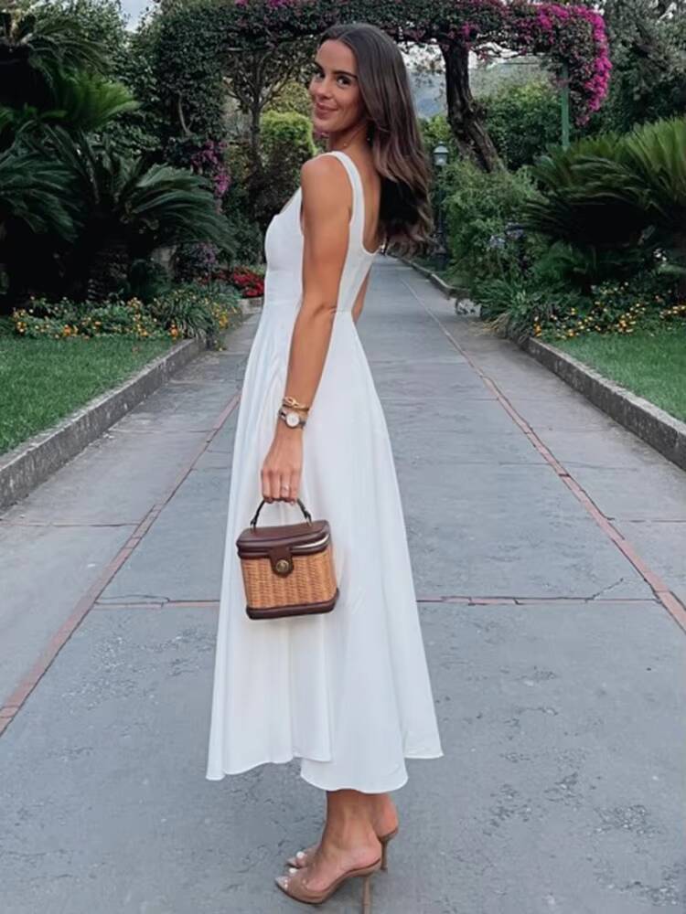 White Sleeveless Suspnder Long For Women Square Collar Fashion High Waist Sexy A-line Splice Elegant Dress dongdumaoyi