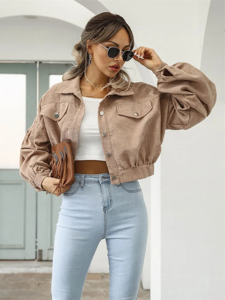 Corduroy Short Jacket Women Loose Tops Spring Autumn Turndown Collar Lantern Sleeve Casual Coat Lady Streetwear Outerwear 250715