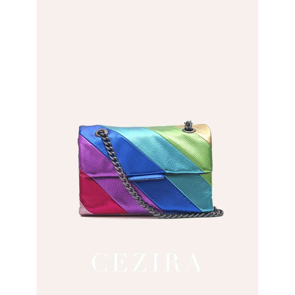 CEZIRA Women Fashion Metallic Rainbow Color Stripes PU Vegan Leather Bag Small Square Magnet Flap Cover Metal Chain Cross Body