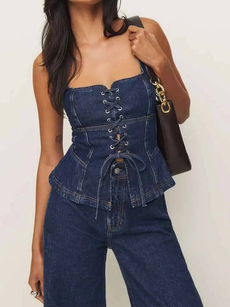 European And American Style Women's Clothing New Fashion All-Match Solid Color Strap Washed Sleeveless Denim Vest