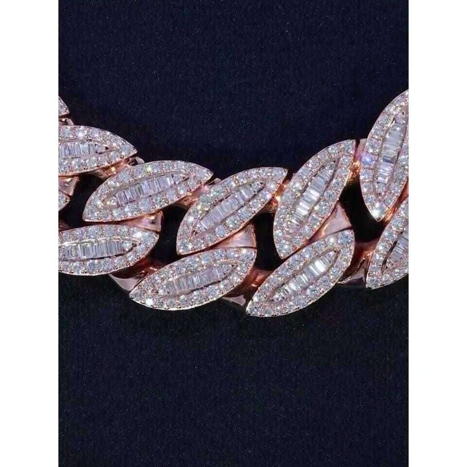 Pass 100% diamond test18mm Stone Cuban Chain - Ice Out Necklace, with Long Stick Bread and Round Cut VVS Silicon Stone, Tester Passed