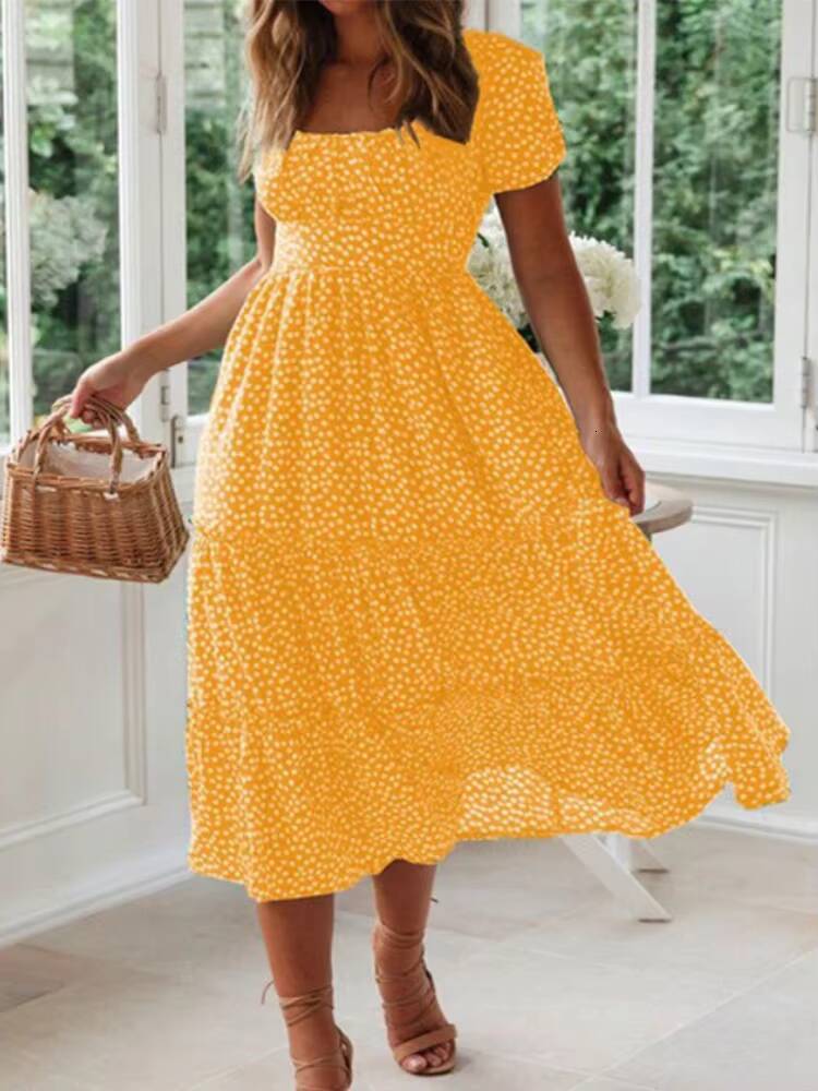 Summer Womens Beach Sweet Dresses Vestidos Vintage Print Puff Sleeve Casual Square Collar Floral Female Maxi Long Dress dongdumaoyi