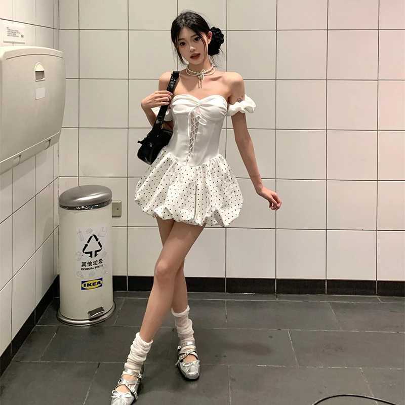 Mekst Y2K Polka Dots Mini Dress Women Party Sexy Strapless Bandage Bud Dresses Summer Gyar Korean Backless Bodycon Vestidos Nev R250716