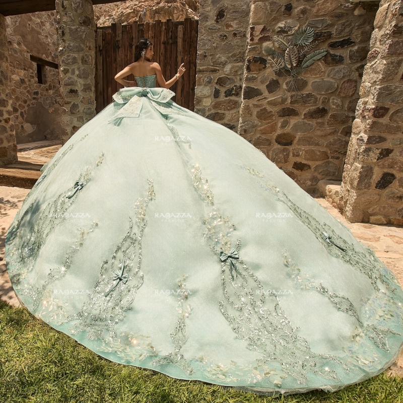 Green Shiny Quinceanera Dresses Ball Gown Off The Shoulder Applique Lace Beading Crystal Bow Tull Corset Party Birthday Sweet 16 Dress Vestidos 15 Ano