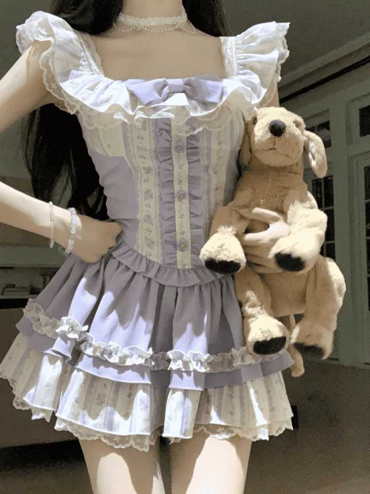 Elegant Sweet 2 Piece Skirt Sets Female Lace Pleated Y2k Crop Top + Cute Mini Cake Skirts Japanese Lolita Vintage Suits Summer R250716