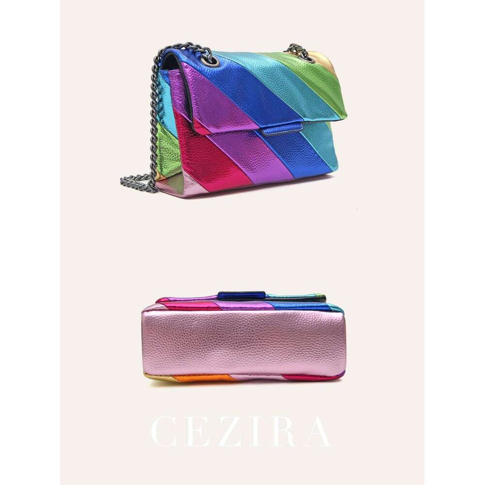 CEZIRA Women Fashion Metallic Rainbow Color Stripes PU Vegan Leather Bag Small Square Magnet Flap Cover Metal Chain Cross Body
