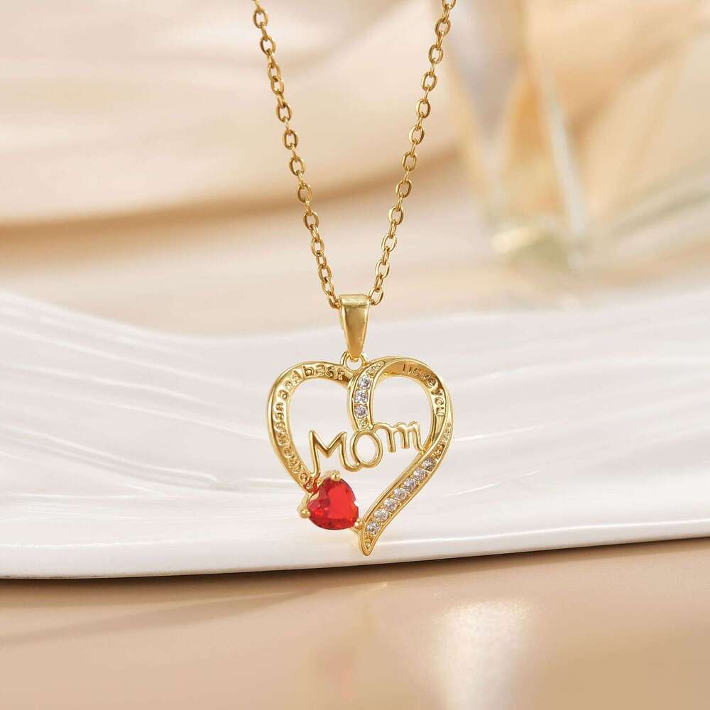 New Mom Heart-Shaped Engraving Micro Inlaid Full Zircon Necklace Mother's Day Gift Simple High-End Jewelry Accessories 5D6