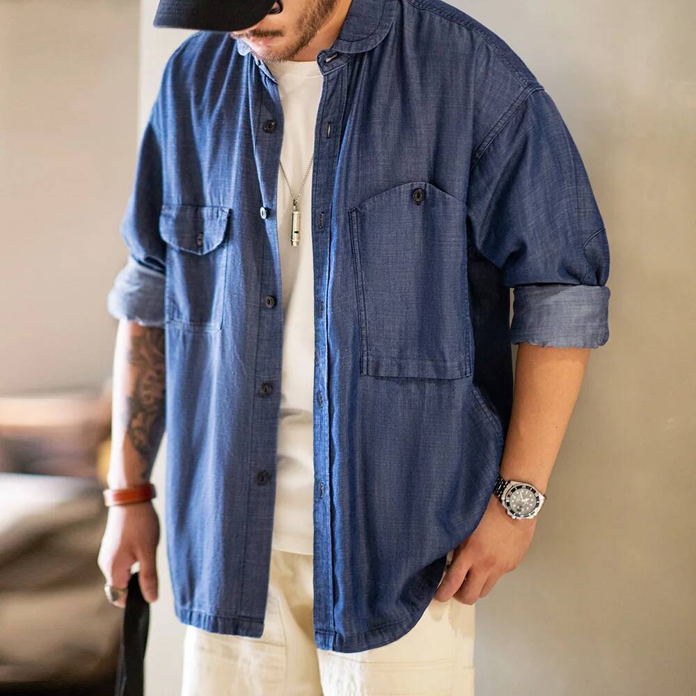 Maden 2025 Autumn Men's Vintage Tencel Denim Shirts Ameki Lycra Long Sleeve CPO Shirt Jacket Uncle Fu Brand Jean Blouse
