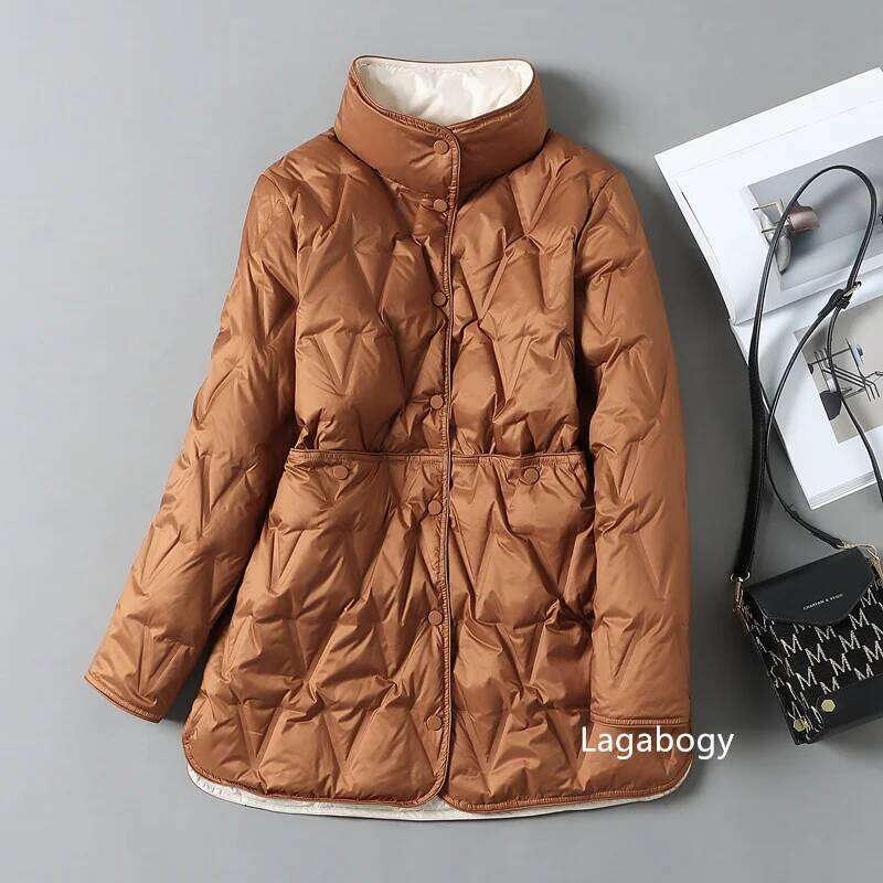Lagabogy 2025 New Autumn Winter Women Ultralight White Duck Down Long Jacket Female Single-Breasted Double Sided Puffer Coat MDNG