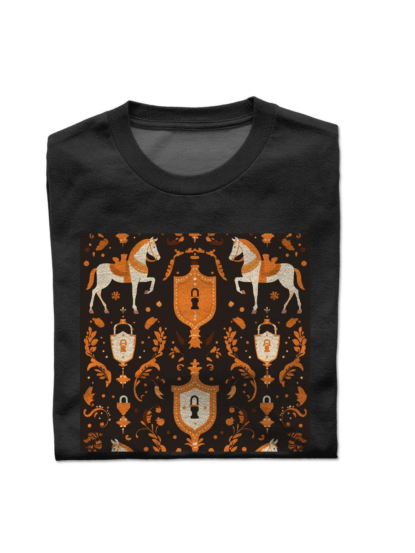 T-shirt with a pattern of horses and flowers on it Short sleeve T Shirts Wed 29 i