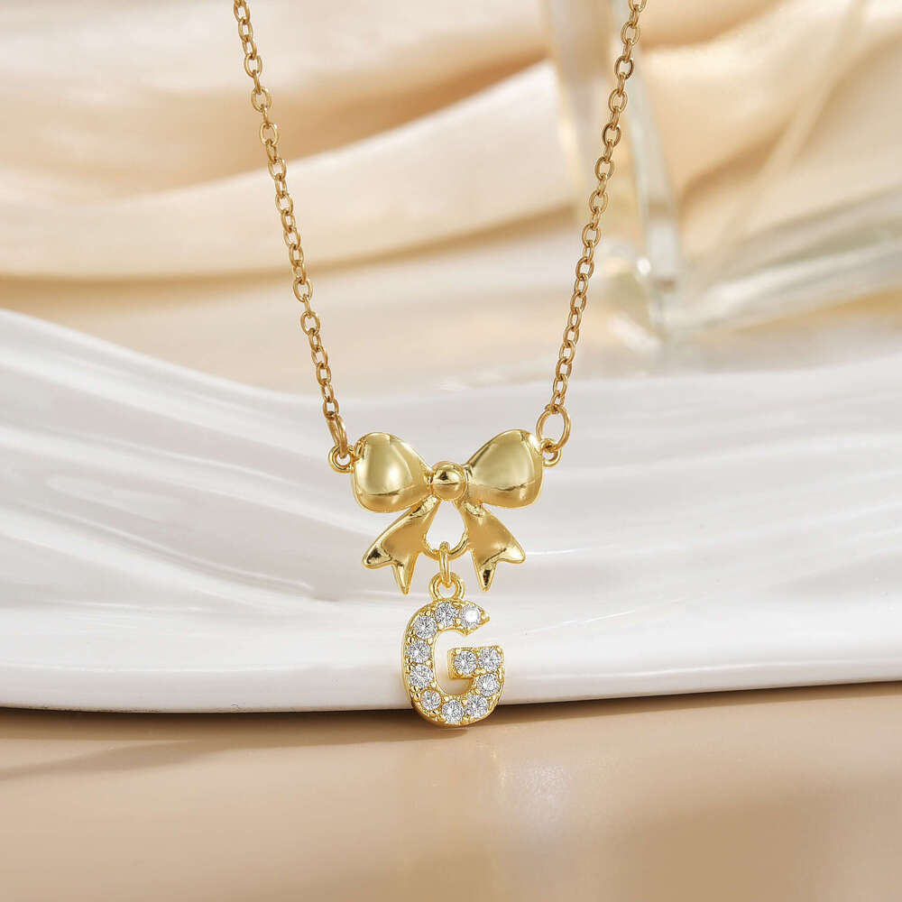 Minimalist 26 Letters Inlaid Zircon Bowknot Necklace For Women, Simple And High-End Titanium Steel Jewelry, Non-Fading B85