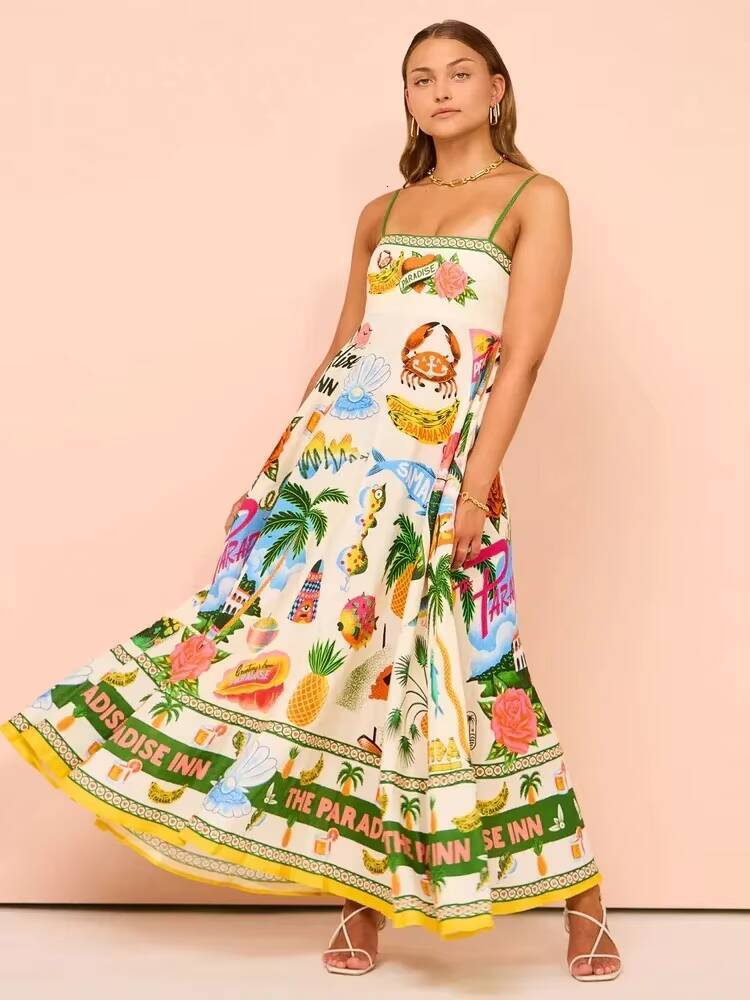 Sexy Off-Shoulder Graffiti Cotton Linen Print Maxi Dress Womens New Hot Sale Of The Season Sleeveless Loose Fit Gown for Women dongdumaoyi