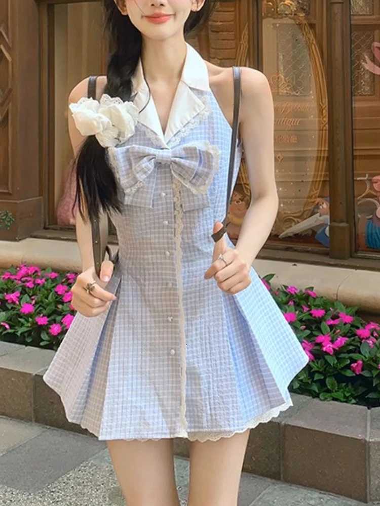 France Elegant Plaid Slim Dress Women Summer Sweet V-neck Sleeveless Blue Thin Dresses Design Fashion Bow Ruffle New Outfits R250716