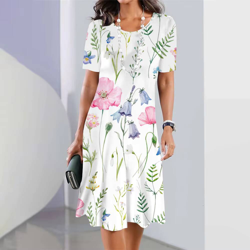 2024 Womens Floral Print Summer Elegant Midi Dresses Female Short Sleeve Dress Fashion Oversized Clothes dongdumaoyi