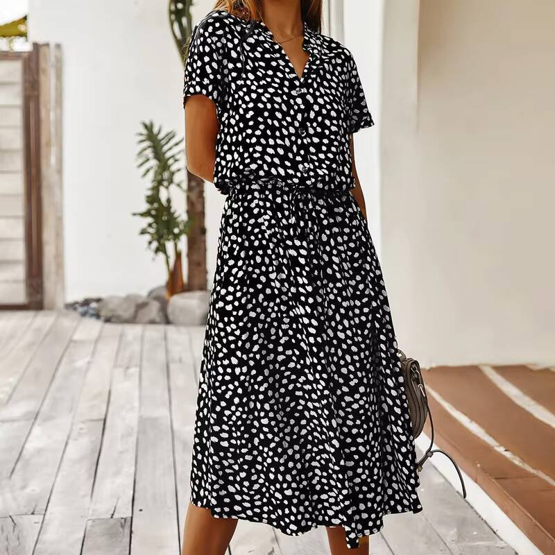 Summer Dresses for Women Polka Dot Printing With Buttons Short Sleeves Drawstring High Waist Dress Vestidos dongdumaoyi