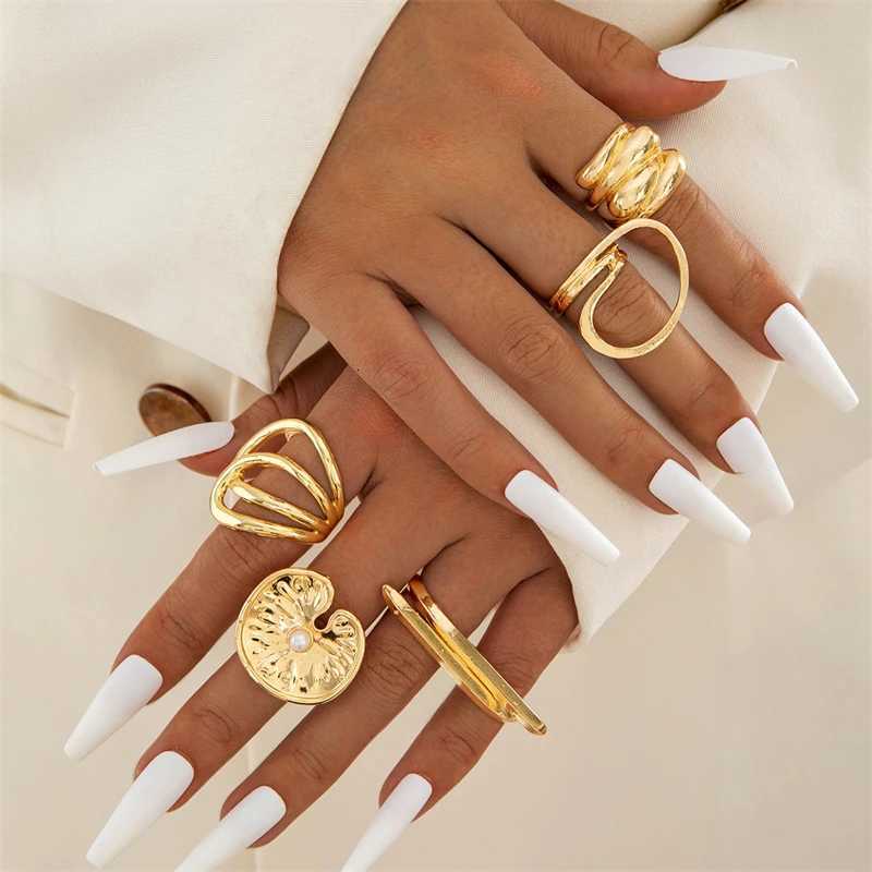 5Pcs/set Geometric Stainless Steel Imitation Pearl Rings for Women Luxury Gold Color Open Knuckle Ring Engagement Gift Jewelry S250716