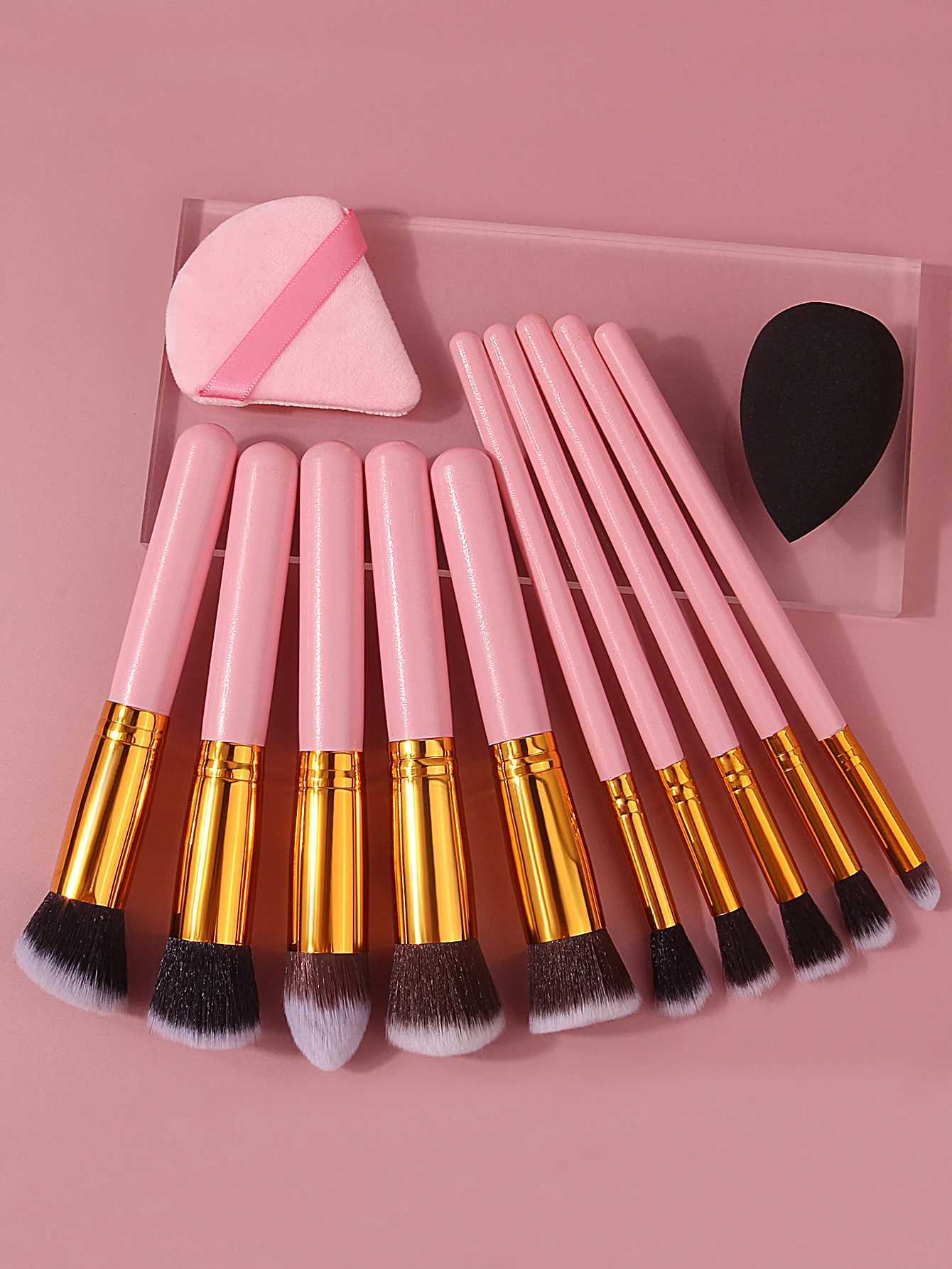 10pcs Pink Wooden Handle Makeup Brush Set with Triangular Powder Puff Sponge Egg Soft Bristles a Beginners Daily Makeup Tool XJ2500716