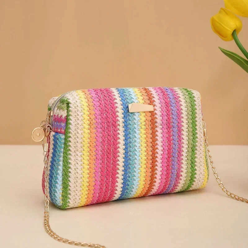 Rattan Knitting Women Straw Bag Beach Summer Chain Small Purse and Handbag Female Shoulder Crossbody Bags Travel Design Flap Bag M250716
