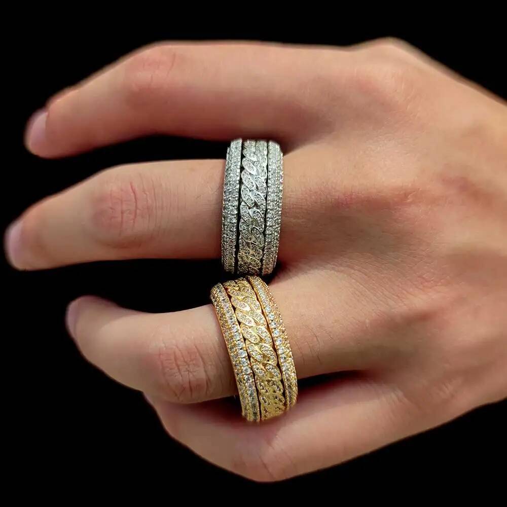 New cuban link chain design ring fully micro zircon paved r0tatable cuban ringHiphop iced out mens Swivel cuban ring.
