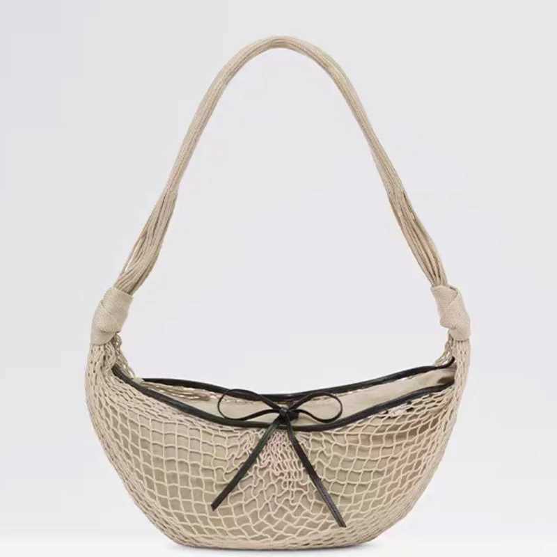 Hand-woven Half-moon Shoulder Bag Apricot Brand Bow Stitching High Quality Holiday Women New Croissant Messenger Net Bag