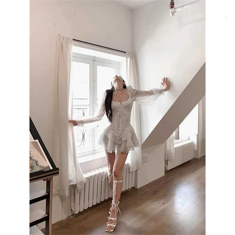 2K Ruffles White Mini Dress Women Vintage Party Bandage Corset Dresses Summer Korean Aesthetic Square Collar Bodycon Dresses R250716